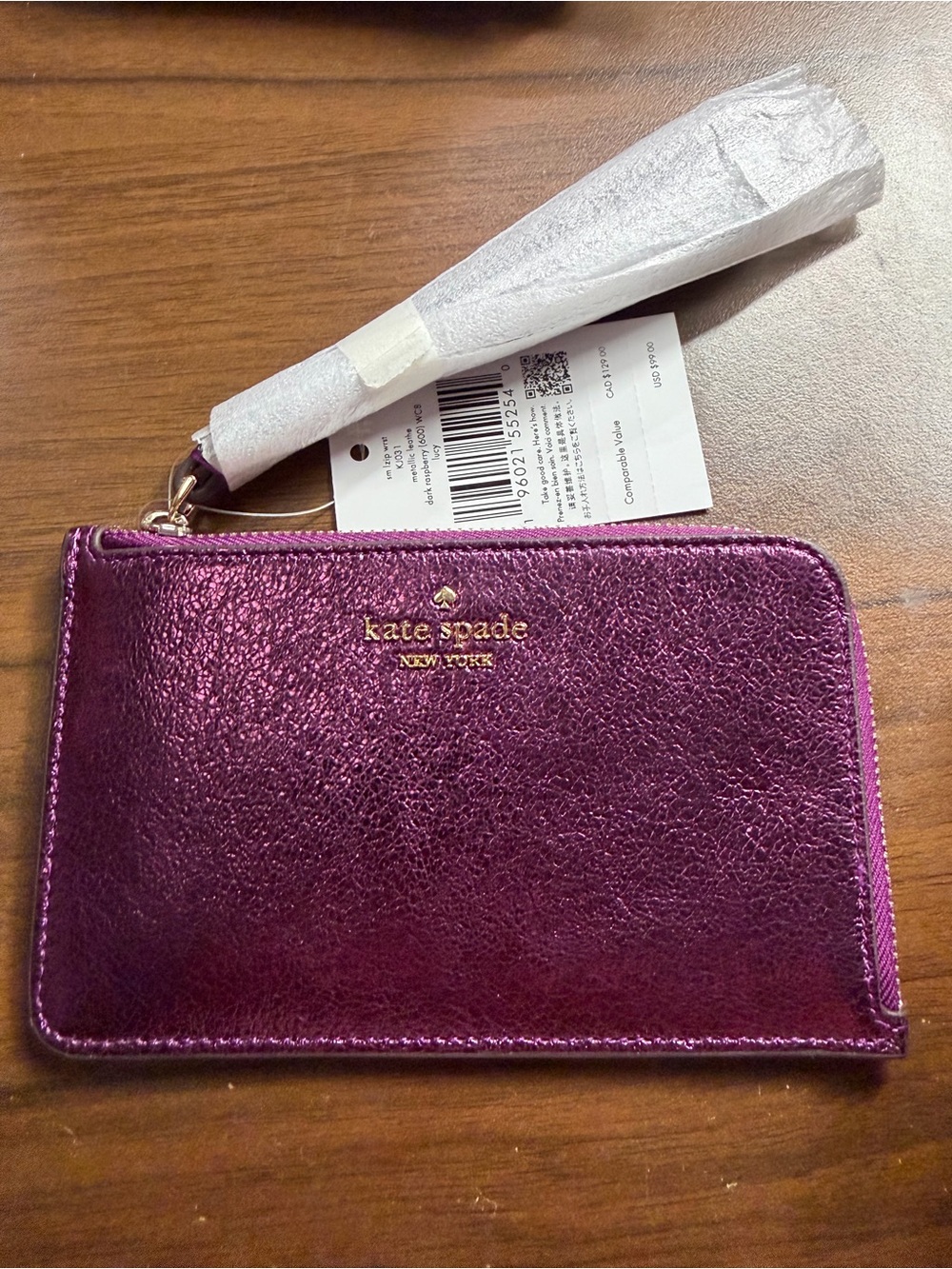 kate spade Metallic Purple L Zip Wristlet NWOT